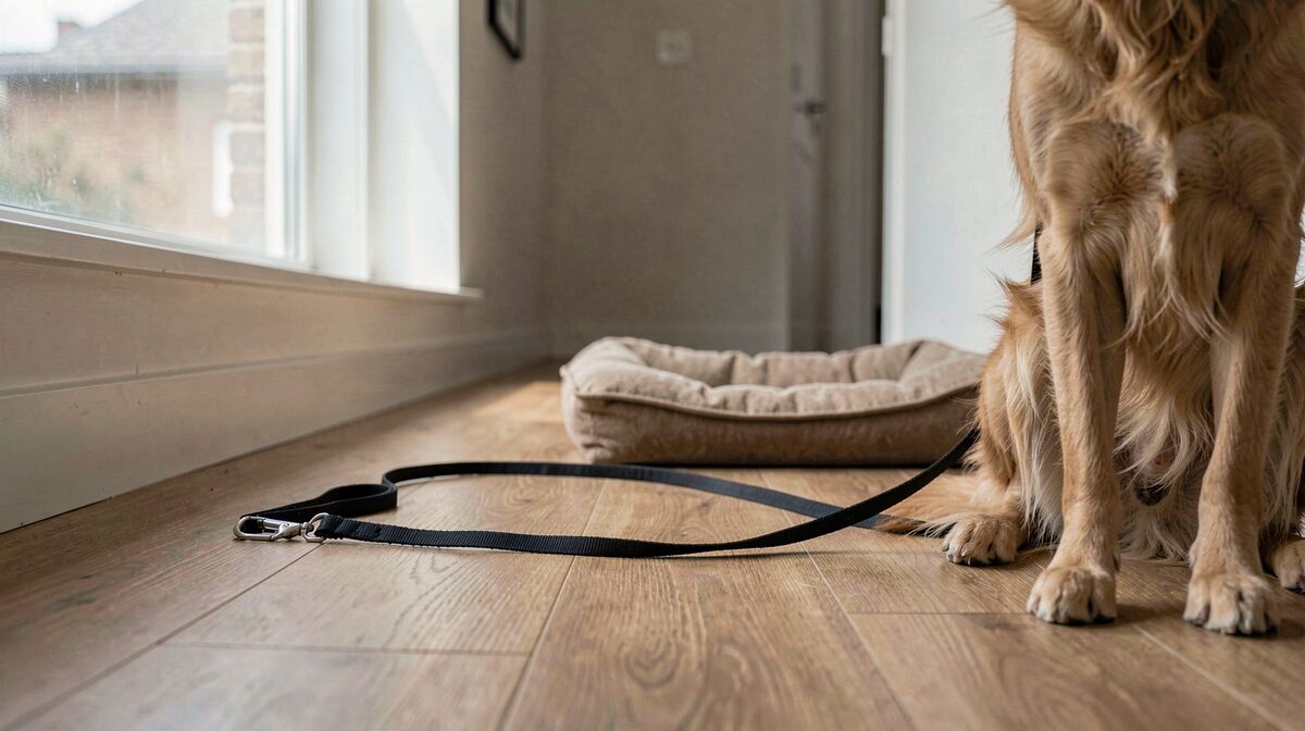 Un couloir d'appartement éclairé par une fenêtre latérale, laisse posée au sol près d'un panier, chien assis hors cadre, cadrage serré sur le sol et la laisse.