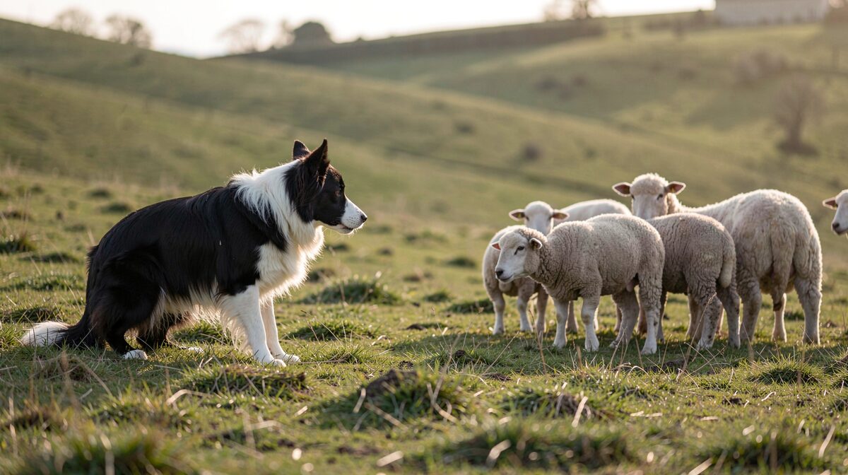 Un Border Collie en position basse face à un petit troupeau de moutons dans un pré en pente, lumière rasante de fin d'après-midi, cadrage large montrant le chien à gauche et les bêtes à droite.
